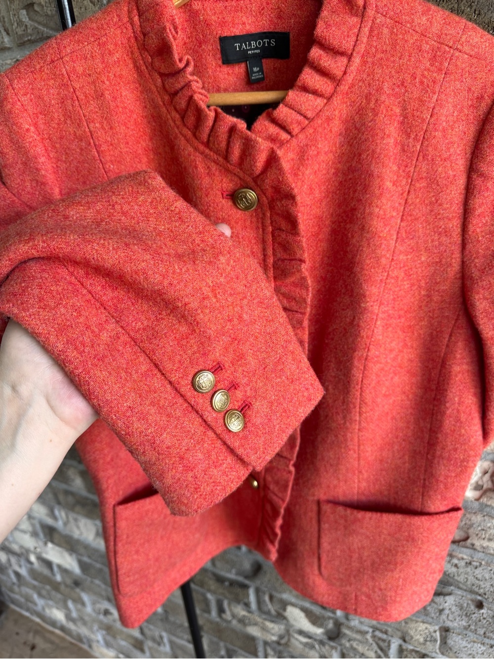 Talbots Petites 16P Wool Blend Ruffle Trim Jacket Coral Pink Button Front Lined - Picture 8 of 15